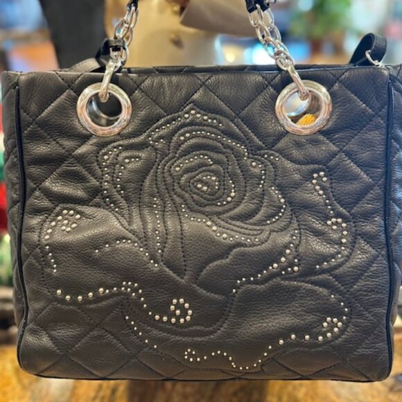 NWOT Brighton Linaria Logan Quilted Leather Studded Black Rose Bag - Picture 1 of 5